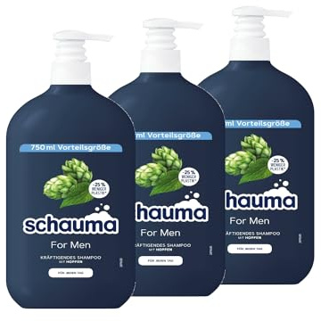 Schauma Schwarzkopf Shampoo For Men mit Hopfen, Kräftigendes Shampoo vom Ansatz an bis in die Spitzen, 3er Pack (3x 750 ml), vegane Formel, aus recyceltem Plastik