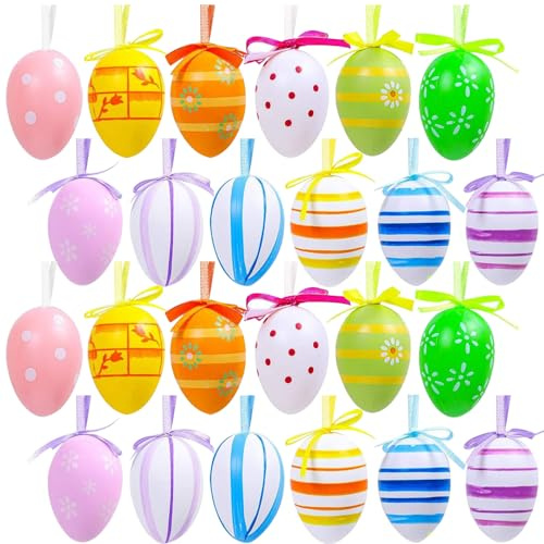 24 Stück Ostereier zum Aufhängen,Ostereier Plastik,Ostereier Dekorationsset,Plastik Eier Ostern,Ostereier Kunststoff,Ostereier aus Kunststoff zum Aufhängen,Osterstrauchdeko (24-A)