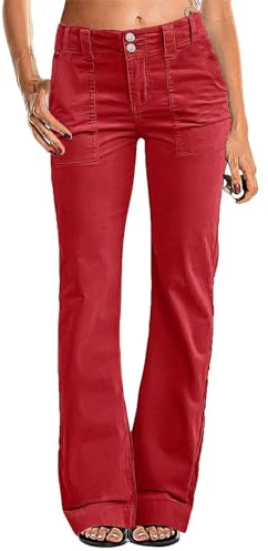 Flamingals Women's Wide Leg Pants for Women Mid Waist Dress Flare Straight Leg Corduroy Pants Workout Jeans Trendy Red L