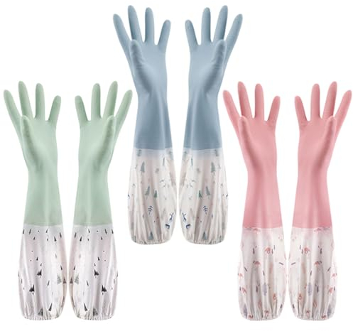 ACMEDE Rubber Cleaning Gloves, Washing Up Gloves Kitchen Dishwashing, Latex Free Long Cuff Cotton Lined Household Gloves for Laundry, Gardening 3 Pairs