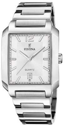 Festina Herrenuhr Analog aus Edelstahl 316l Silberfarben | Quarzwerk, Kalender, Widerstandsfähiges Mineralglas, Wasserdicht 5 ATM F20677/2 On The Square