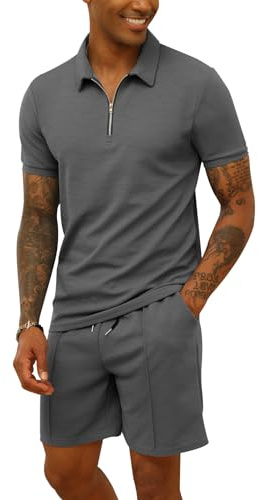 Men's Tracksuit Polo Shirt & Shorts 2 Pieces Casual Summer Outfits Suit Lapel Activewear Fashion Short Sleeve Sweatsuits Set Grey XXL