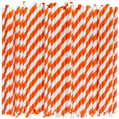 [1000 Count] Chunspak Orange/White Striped Paper Drinking Straws Bulk - 7.75x0.24, Unwrapped - Biodegradable and Compostable