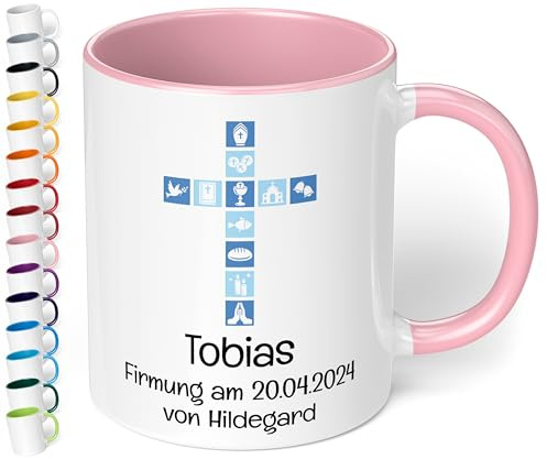 Christliches Geschenk: Tasse personalisiert „Kreuz“ – 3 Motive, Name, 2 Zeile Wunschtext – Keramik 330ml Geschenk Kommunion Konfirmation Firmung Taufe Mädchen Jungen (Rosa)