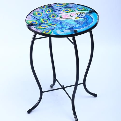 NewVees 45,7 cm Pfau (Schmetterling) Terrassentisch, Terrassentisch, Outdoor-Beistelltisch, Pflanztisch, Metall-Glas-Beistelltisch für Veranda, Garten, Hof und Pool. (45,7 cm hoch, Pfau)