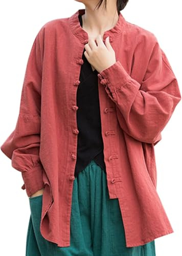 Lazutom Women's Cotton Linen Frog Button Mandarin Collar Top Chinese Martial Arts Kung Fu Tai Chi Shirt Tunic Red