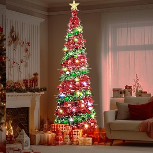 Yallmie 150cm/5ft Sapin de Noel Artificiel Pliable Lumineux Arbre Noel avec 50 LED, Sapin Noel Pop Up Slim Sapin de Noel Spirale Support de Pied Pliable pour Paillette décoration de noël (Paillettes)