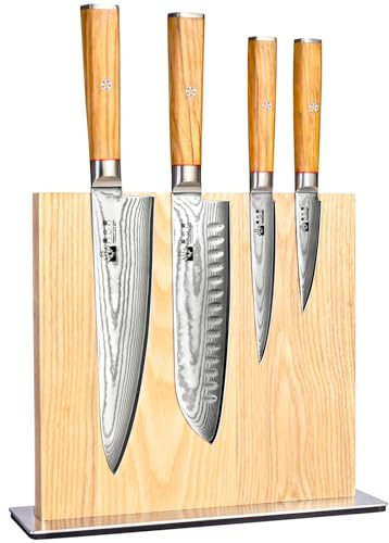 FUJUNI 5 Pièces Set Couteau Cuisine,Ensemble de Couteau Chef,Acier Damas 67 Couche VG10 Acier,Bloc à Couteaux Magnétique,Manche En Bois d'Olivier,Boîte Cadeau