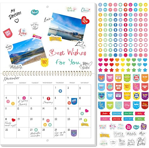 Calendario da Parete per Scrapbooking, Calendario Mensile a Spirale da Appendere, Calendario Bianco DIY con 400 Adesivi per Ufficio, Casa, Bambini, Adulti (30cm x 22,5cm chiuso, 30cm x 46cm aperto)
