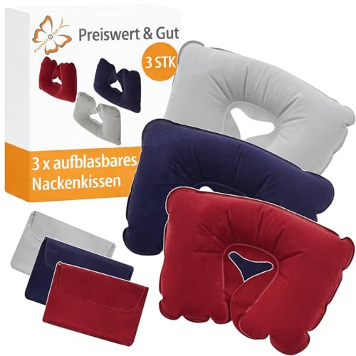 3 STK Reise Nackenkissen leicht aus PVC 35 x 23 x 9 cm Blau Rot Grau | Nackenstützkissen mit nur 80 g, Reisekissen für Flugzeug, Auto und Zug sowie bequem für unterwegs und auf Reisen nutzbar