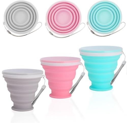 GD HUA 3 vasos plegables, vasos plegables de silicona, vasos plegables con tapa y cordón, taza de viaje portátil de 200 ml, juego de vasos de camping para picnic, senderismo, viajes