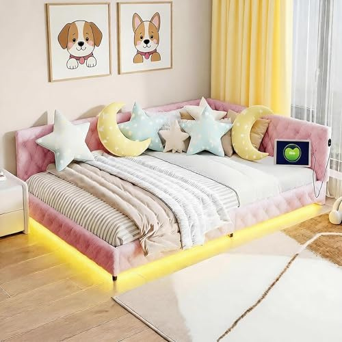 YGHQAP Schlafsofa Polsterbett 140x200 Mit LED Und USB, L-Förmiger Tagesbett Teddy Velvet, Kinderbett Jugendbett Schlafcouch Sofabett Daybett Gästebett Bettgestell Mit Lattenrost, Rosa, Ohne Matratze
