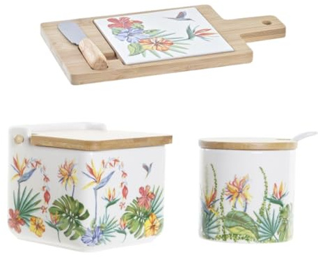 MAGMAHOME salero y azucarero de cocina con tapa de madera de bambú abatible - saleros de cocina de ceramica - saleiro cozinha Set de azucarero y salero cocina (salazu-tropi-tabla)