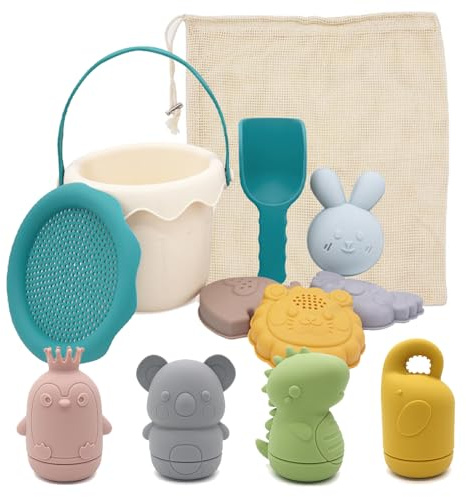 Juguetes Playa, 11 Piezas Juguetes de Arena de Playa Silicona, Juguetes Playa Bebe, Juguetes Playa Niños con Cubo, moldes de Arena,Juguete de Exterior Regalo para Niño Niña