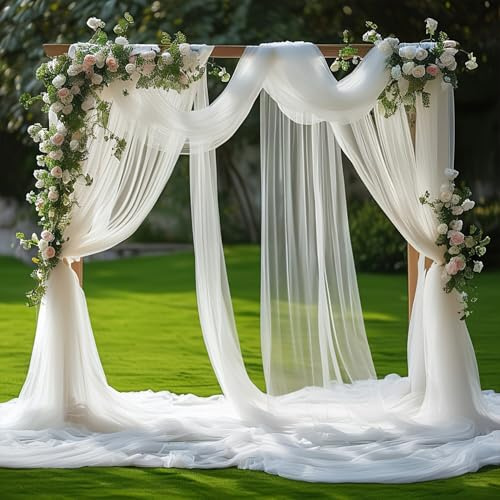 BSTDAYEVER Querbehang Freihanddeko Vorhang Hochzeitsbogen Gardinen Organza | 75x600cm Weiß Traubogen Deko Himmelbett Hochzeit Vorhänge Stoff Kulissenvorhänge für Hochzeiten Fotografie Party Zeremonie