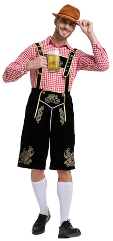 Beeoecm Oktoberfest herroutfit, tysk Bayern Oktoberfest kostym herr bayerskt klädesset med avtagbar haklapphållare, skjortor, knästrumpor och bayerska filthattar (röd, XL)