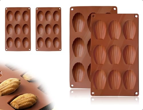 AOYEGIC 2 Pcs 9 Cavity Shell Shape Silicone Molds Compatible with Madeleine Baking Trays, Use for Home, Chocolate, Candy, Cookies, Cakes, Ice Cubes and DIY Crafts (Red)