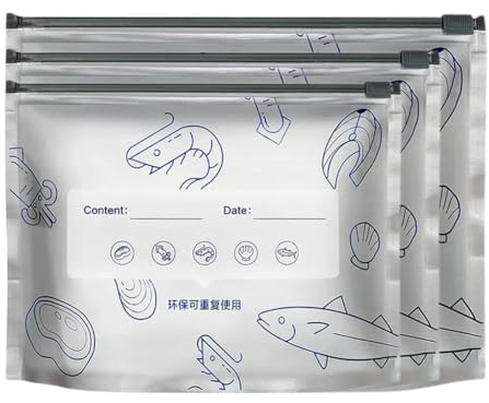 30 wiederverwendbare verschließbare Aufbewahrungsbeutel aus Aluminiumfolie, Meeresfrüchte, Fleisch, Gefrierbeutel mit Etikett und Reißverschluss für Fleisch, Produkte, Snacks, Gemüse, Obst, für Küche