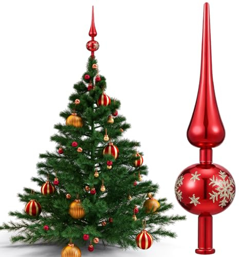 Röd 24 cm julgransspets – skimrande julgran i plast, lätt och hållbar, elegant dekoration för konstgjorda eller riktiga julgranar – julträddekorationer för