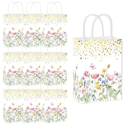 LUMOOM 10 Stück Geschenktüten mit Blumenmotiv, Papiertüten mit Henkel, 21x15x8cm Geschenk Tüte, Geschenkverpackung, Papiertragetaschen für Geburtstag, Party, Hochzeit (Gold)