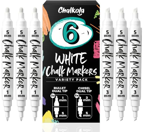 Chalkola 6 Kreidestifte Weiß, Rund- & Keilspitze, Kreidemarker Multipack | Fein & Bold Spitze, Chalk Marker - 1mm, 3mm, 5mm - Kreidestift für Fenster, Glas, Auto, Spiegel & Bistro