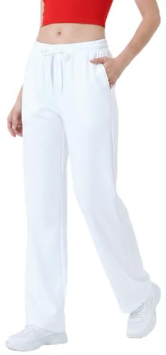 Smith & Solo Pantaloni da jogging da donna in cotone, pantaloni lunghi da allenamento, comodi da jogging, con gamba larga, con elastico in vita, bianco, L