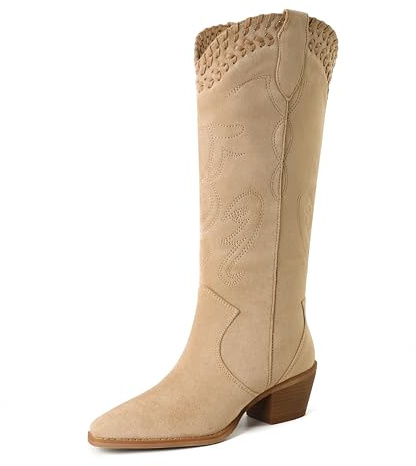 Reitoye Khaki Cowboy Boots Women Knee High Cowgirl Embroidered Boots,8 | Block Chunky Heel,Artisanal Woven Trim,Snip Toe,Embroidered Pull On Boots,Fall Summer Spring Winter Fashion Dress Long Boots