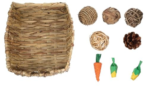 BESPORTBLE Litière en Paille Tissée pour Lapin 9 Pièces Jouets à Mâcher Naturels – Nid, 4 Balles, 2 Épis de Maïs, Carotte et Pin, Accessoires pour Cage, Jouets Rongeurs et Soins Dentaires