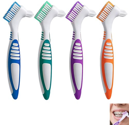 Spazzolino da denti a doppio lato artificiale, set di 4 spazzole per pulizia protesi dentali portatile per la cura della dentatura, accessorio per la cura dentale con setole antiscivolo