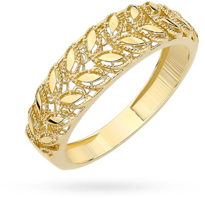 GREMARI Gold Ring Damen 585 Echtgold (14K) Breiter Massiver Goldring mit Blattmotiv – eleganter Goldring 6 mm Floraler Statement Schmuck Geschenk für Frauen (18 | 58mm)