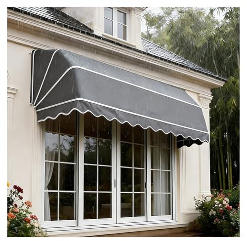 Infällbar grå fransk böjd markis – UV-beständig hopfällbar aluminiumbaldakin för fönster och dörrar enkel installation för veranda gård och balkong (145 x 60 x 60 cm)