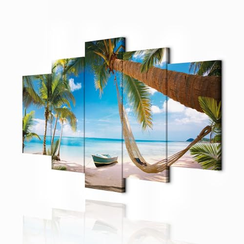 decomonkey Wandbilder Strand Palmen 200x100 cm 5 Teilig Leinwandbilder Meer | Bild auf Leinwand, Kunstdruck, Wanddeko, Wohnzimmer, Wanddekoration, Insel