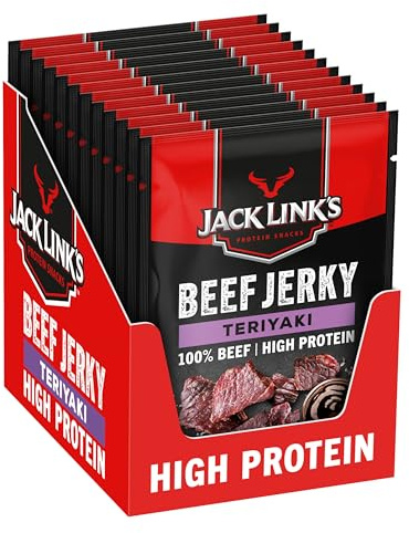 Jack Links Beef Jerky Teriyaki (12 x 40 g) - Viande séchée - Riche en protéine snack - Charcuterie - Viande de boeuf - Boeuf séché - En-cas hyperprotéinés à emporter ou à consommer en salle de sport