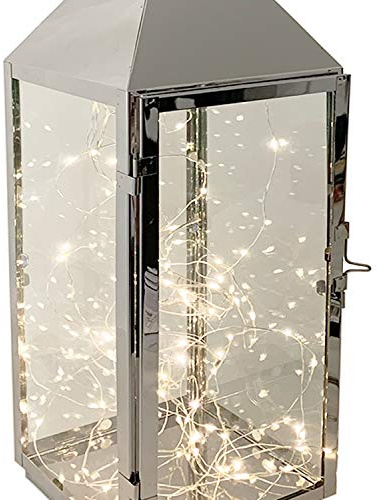 XXL Luxus Gartenlaterne aus rostfreier Edelstahl Windlicht Laterne Glas H54 cm Silber + LED Tropfen Lichterkette