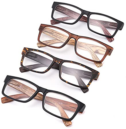 Gafas de Lectura Vintage de Grano de Madera para Hombre,Gafas de Lectura rectangulares de fotograma Completo,Gafas de Lectura de Tortuga,4 Piezas,Anti Fatiga