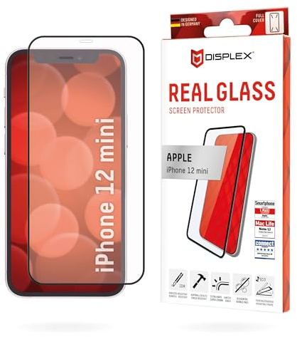 Displex Full Cover Panzerglas (10H) für Apple iPhone 12 mini, Montagerahmen, volle Displayabdeckung, Tempered Glas, kratzer-resistente Schutzfolie, hüllenfreundlich
