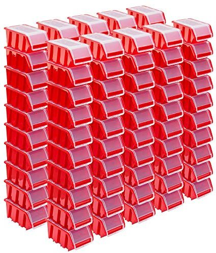 PAFEN Set med staplingsbara lådor - 100 x stapelbara lådor med lock, 155 x 100 x 70 mm, genomskinlig låda, stapellåda, förvaringslåda, röd