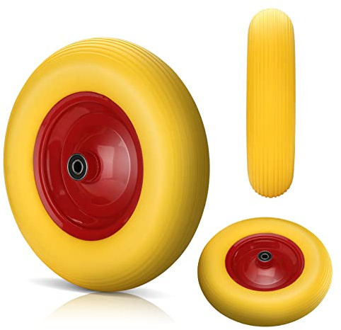 Lospitch Schubkarrenrad Vollgummi mit Achse, 4.80/4.00-8 Ø 390mm 200 kg, PU Gummirad, pannensicher, Achse Ersatzrad Reifen für Schubkarre, Bollerwagen, Gartenkarren,Gelbrot