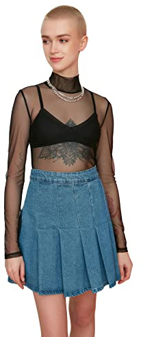 TRENDYOL Camicia da Donna con Colletto Alto, Tinta Unita, Nero, XL