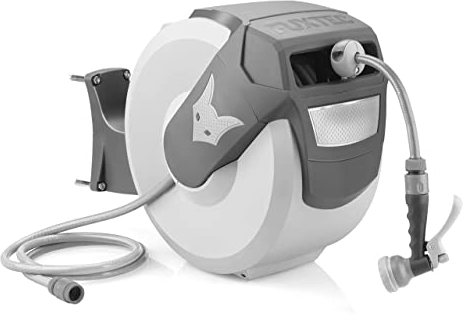 FUXTEC automatische Schlauchtrommel FX-WSA20G – 20 m Gartenschlauch ½ Zoll – Schlauchaufroller zur Wandmontage inkl. Handbrause und Anschlüssen – 180° schwenkbar (65x29x46 cm)