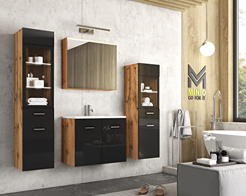 MINIO go for it - Badezimmermöbel Set Marit 2 Wandspiegelschrank mit LED | Schrank mit Waschbecken, Farbe: Wotan Eiche / Schwarz Hochglanz