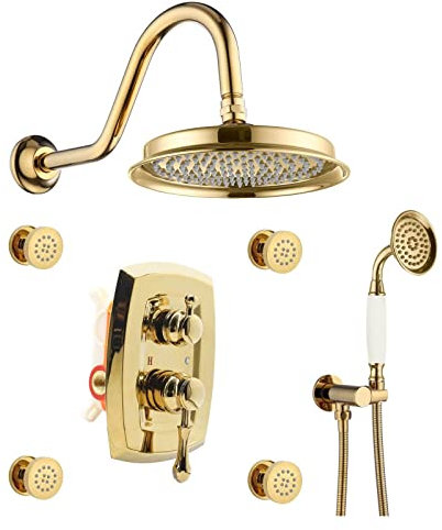 Ksunun Set De Ducha Dorado Vintage, Sistema De Ducha Empotrado,Columna De Ducha Para BañO Incluir Alcachofa De Ducha,Ducha De Mano,Boquilla De Masaje,Juego De Ducha Empotrado,Columna Ducha Hidromasaje