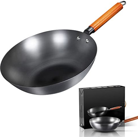 ZAANU Wok de Hierro sin Revestimiento Chino Tradicional Hecho a Mano para Cocina de Gas e inducción con Wok (D 32cm)