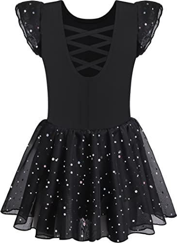 Mulnall Girls Dance Leotards for Ballet Dress Shiny Skirt | soft stretch cotton fabric, double layer flutter sleeves, sequin dotted tulle skirt shines under stage lights