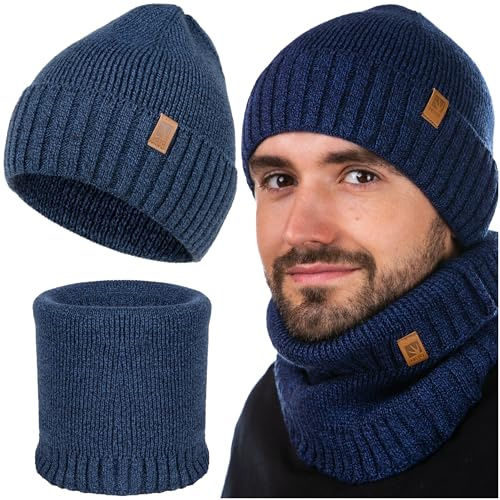 HEYO Beanie Herren Winter Set Mütze Warme Schlauchschal angenehme Strickmütze Wintermütze Weiche Übergangsmütze mit Bündchen Schal Rundschal Halswärmer 2er Set (Dunkelblau)
