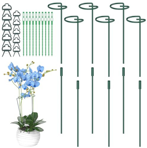 Hanotic 6Pcs Plant Support Stakes, 30cm, 60cm,90cm Adjustable Garden Single Stem Metal Plant Support Rings, with 10 Orchid Clips and Twistties for Peonies Tomatos