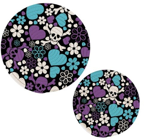 Kcldeci Topfuntersetzer mit Blumen, Totenköpfen und Herzen, rund, gewebtes Topflappen-Set aus Baumwolle, geflochtene Topflappen, Untersetzer, Tischmatten zum Kochen und Backen, 2 Stück