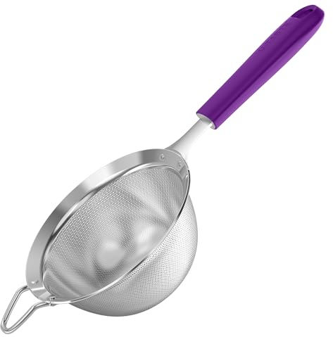 U-Taste Tamiz de malla fina mediana: colador de cocina de acero inoxidable 18/8 de 12cm con mango de silicona resistente remachado, ideal para tamizar harina, colar té arroz quinua (Morado)