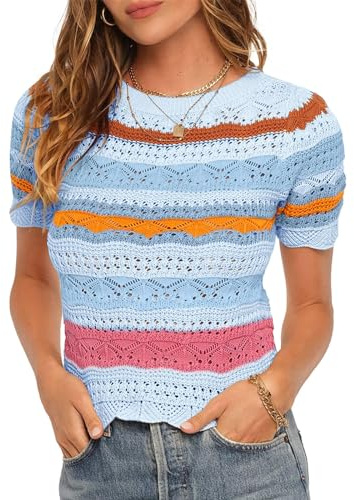 Saodimallsu Maglietta da Donna con Maniche Corte a Blocchi di Colore, Maglietta Estiva da Donna con Stampa a Righe, Maglietta Leggera da Donna a Maniche Corte, Top Casual Estivo da Donna, Azzurro, M