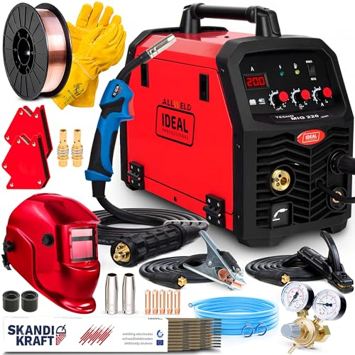 Ideal Tecno MIG 220 - Soldador Inverter Profesional 220 A - FLUX, MMA - Regulación de Inductividad - Alimentador de Alambre de 2 Rodillos, Euroconector - Soldadura hasta 10 mm - Set Premium
